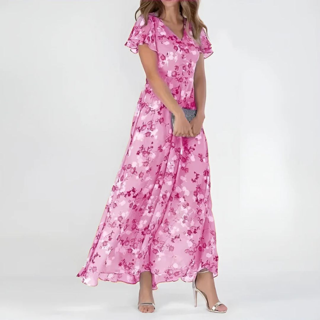 Shirley chiffon maxi dress in Pink, full front view