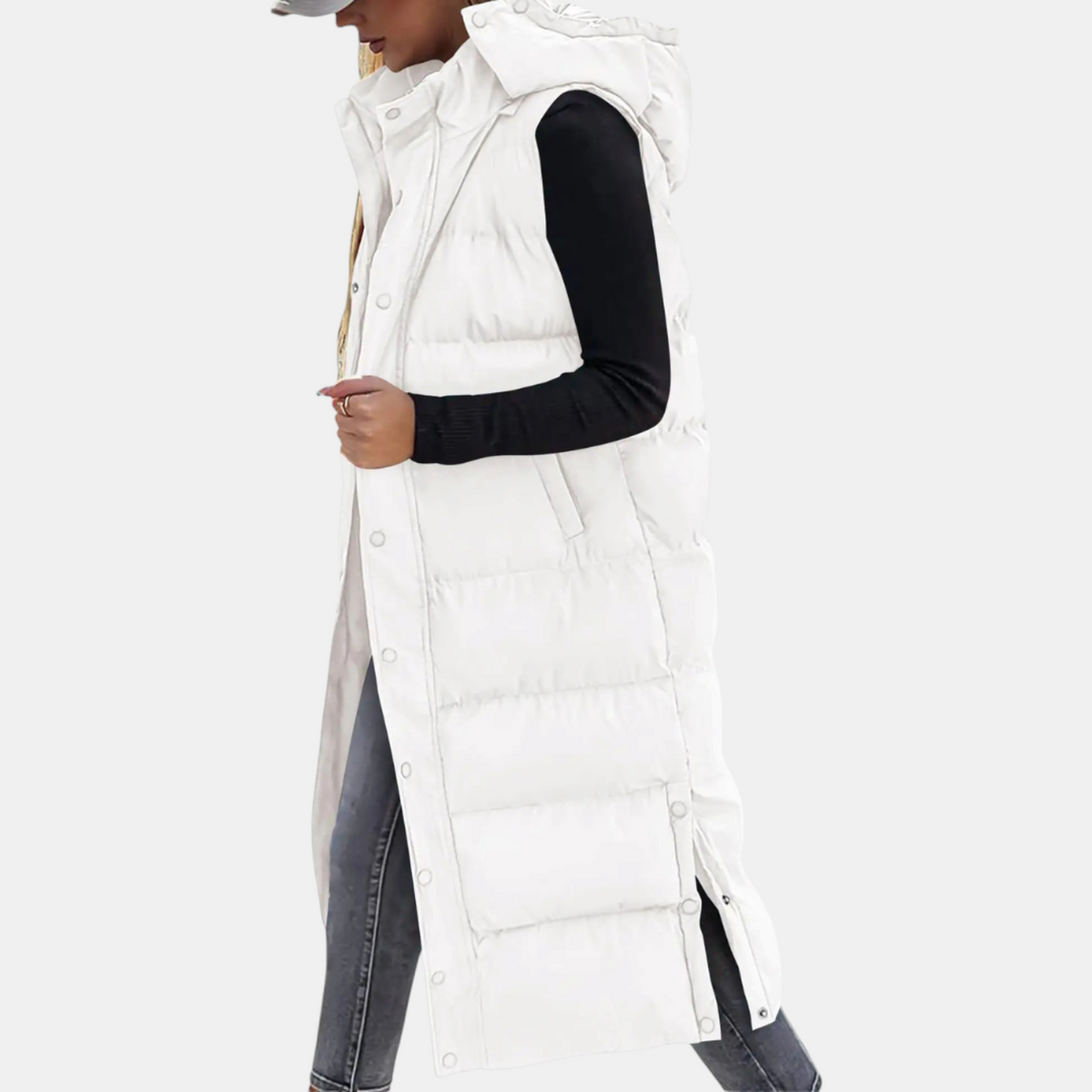 Thelma quilted hooded maxi vest in white, side view