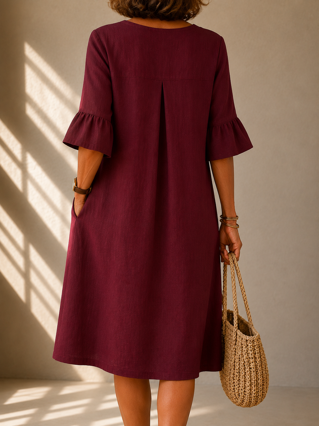 Back view of the Rosalie dress in Burgundy, showing the box pleat and the ruffled three-quarter sleeves