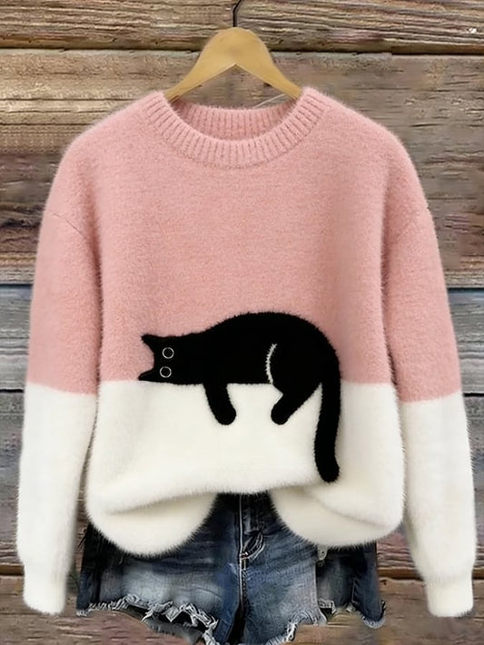 Bonnie cat print oversized sweater in pink, front view