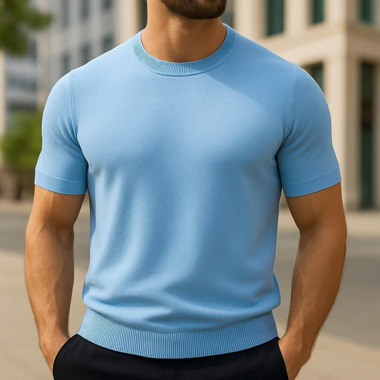 Warren fine knit t-shirt in light blue, front view