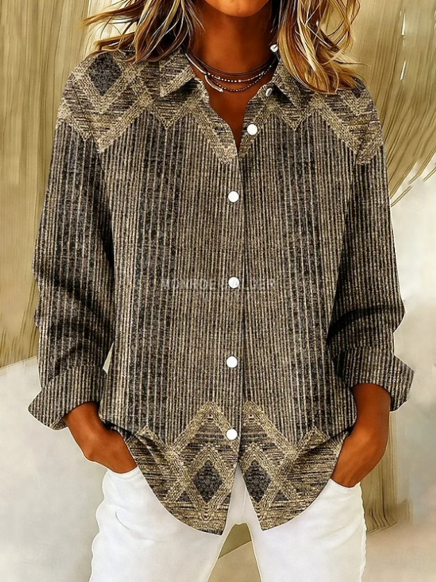 Eunice taupe blouse with a textured zigzag print, front view