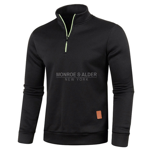 Harvey half-zip knit sweatshirt in Black, front with leather-look patch