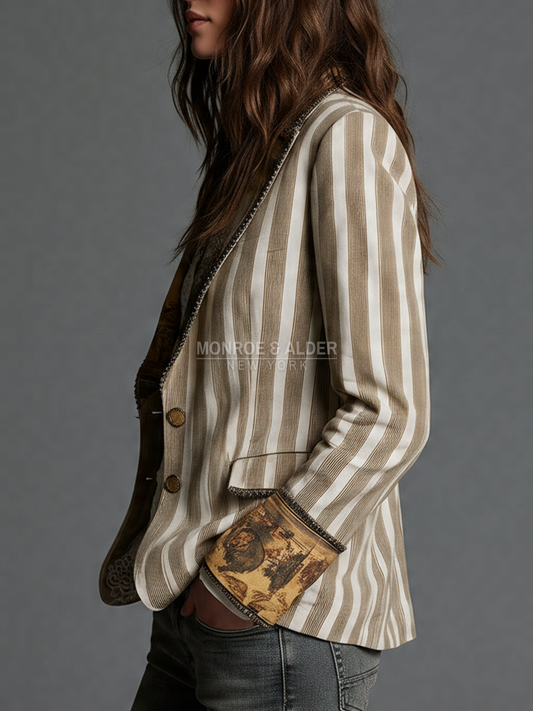 Side view of the Hester striped blazer showing the printed cuff