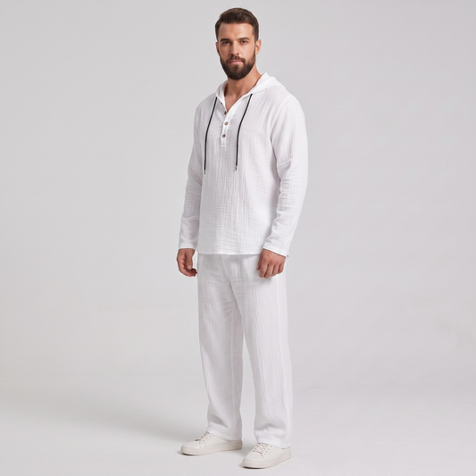 Everett white crinkle hooded henley set, side view showing the relaxed drape