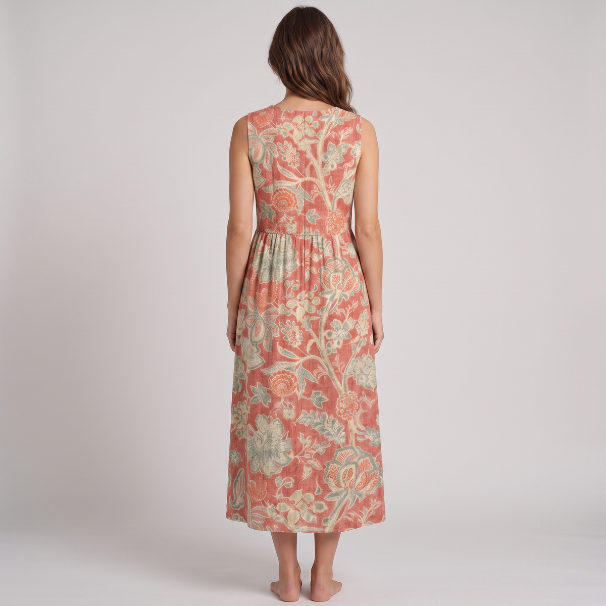 Charlotte sleeveless midi dress in coral floral, back view