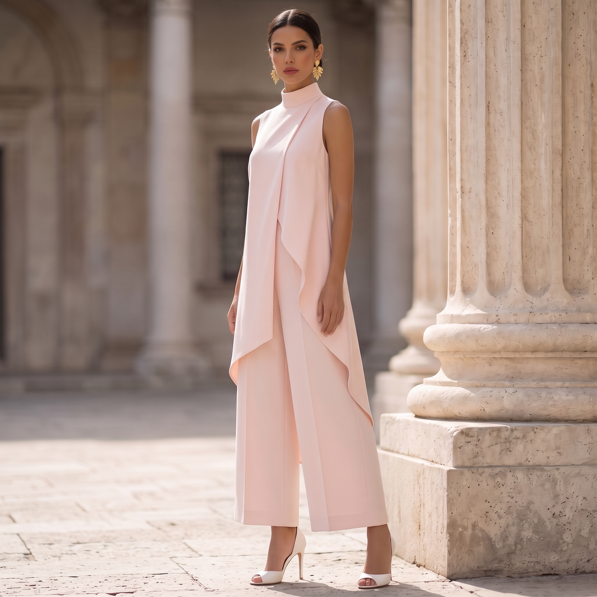 Eleanor high-neck tunic and cropped wide-leg pant set in blush pink