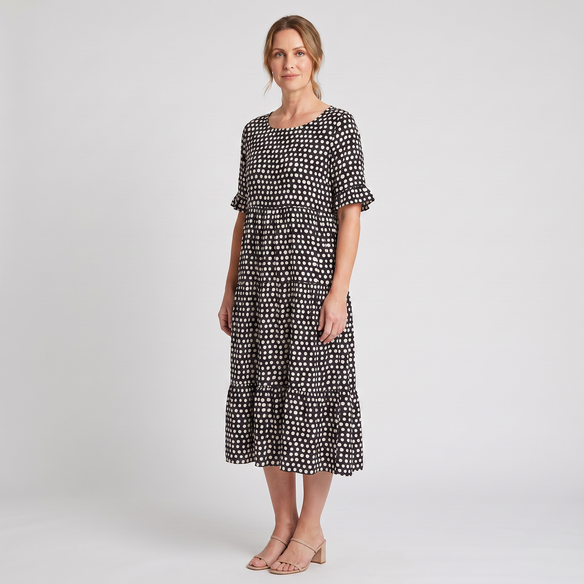 Sutton short-sleeve polka dot midi dress in black