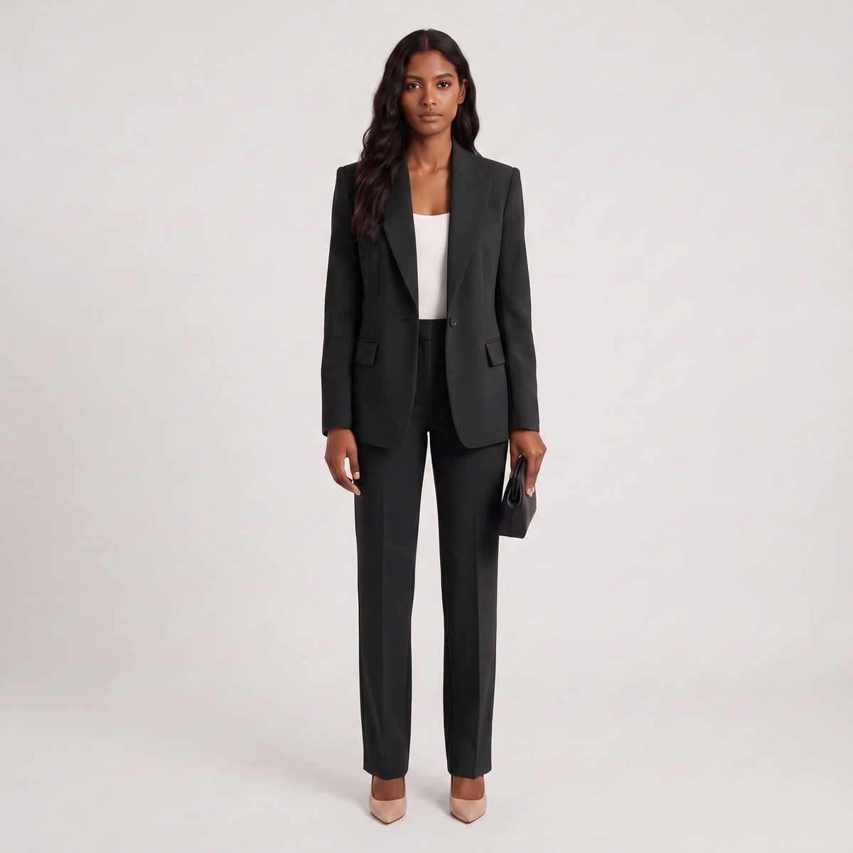 Marlene matching two-piece set in black, composed straight-leg line