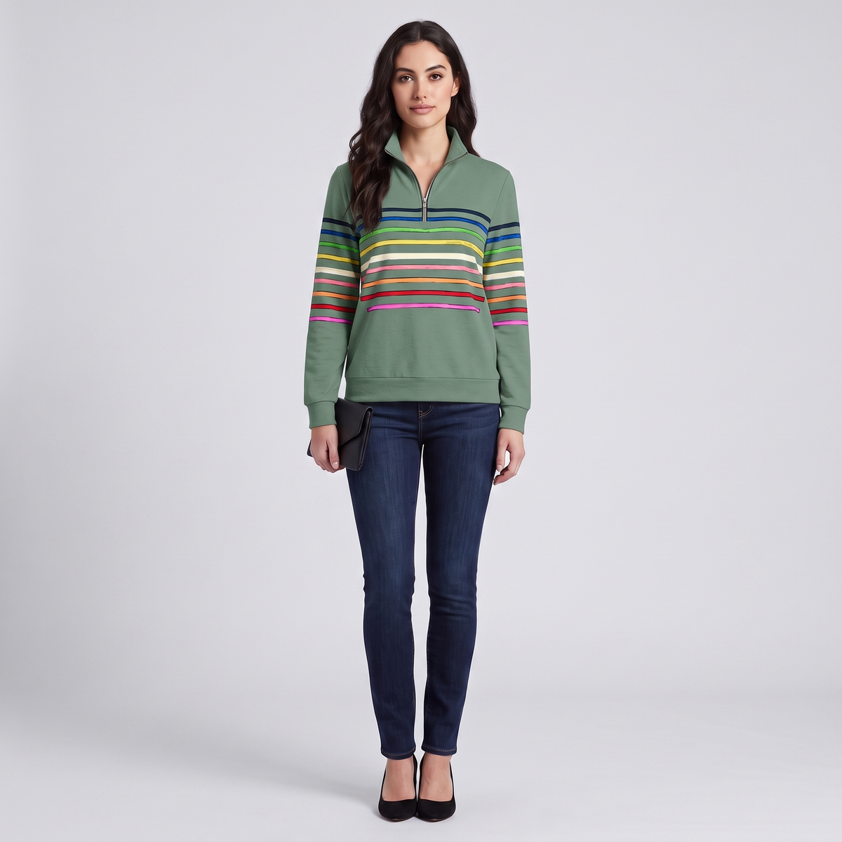Mabel quarter-zip stripe pullover in green, full look