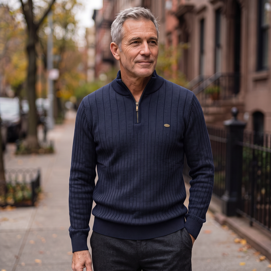 Man wearing the Vaughn quarter-zip sweater in navy on a city sidewalk