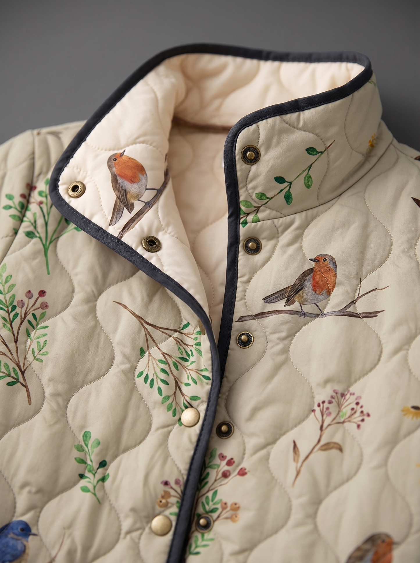 Close view of the stand collar, brass snaps and cream quilted lining on the Violet jacket