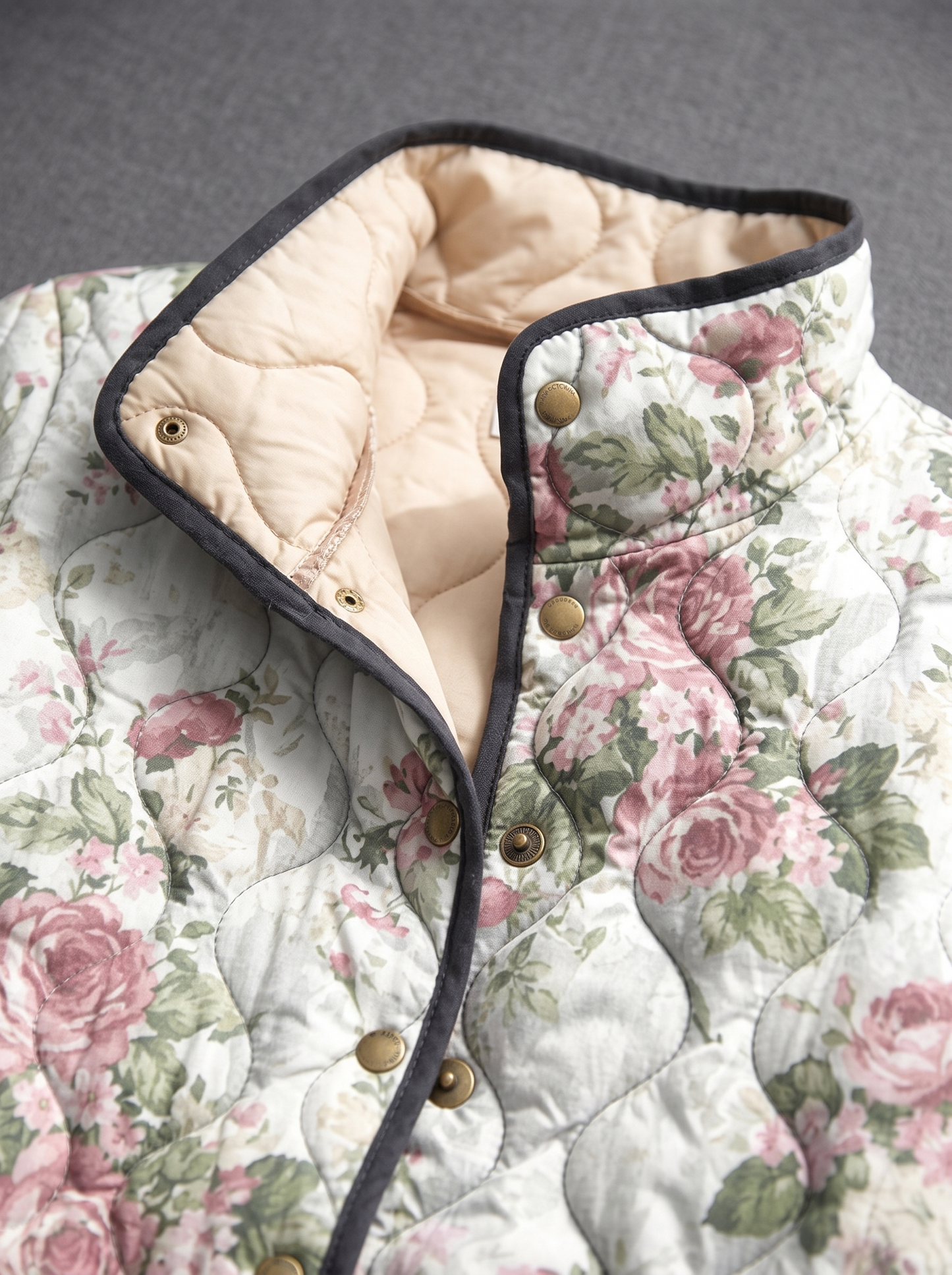 Close view of the stand collar, brass snaps and cream quilted lining on the Susanna jacket