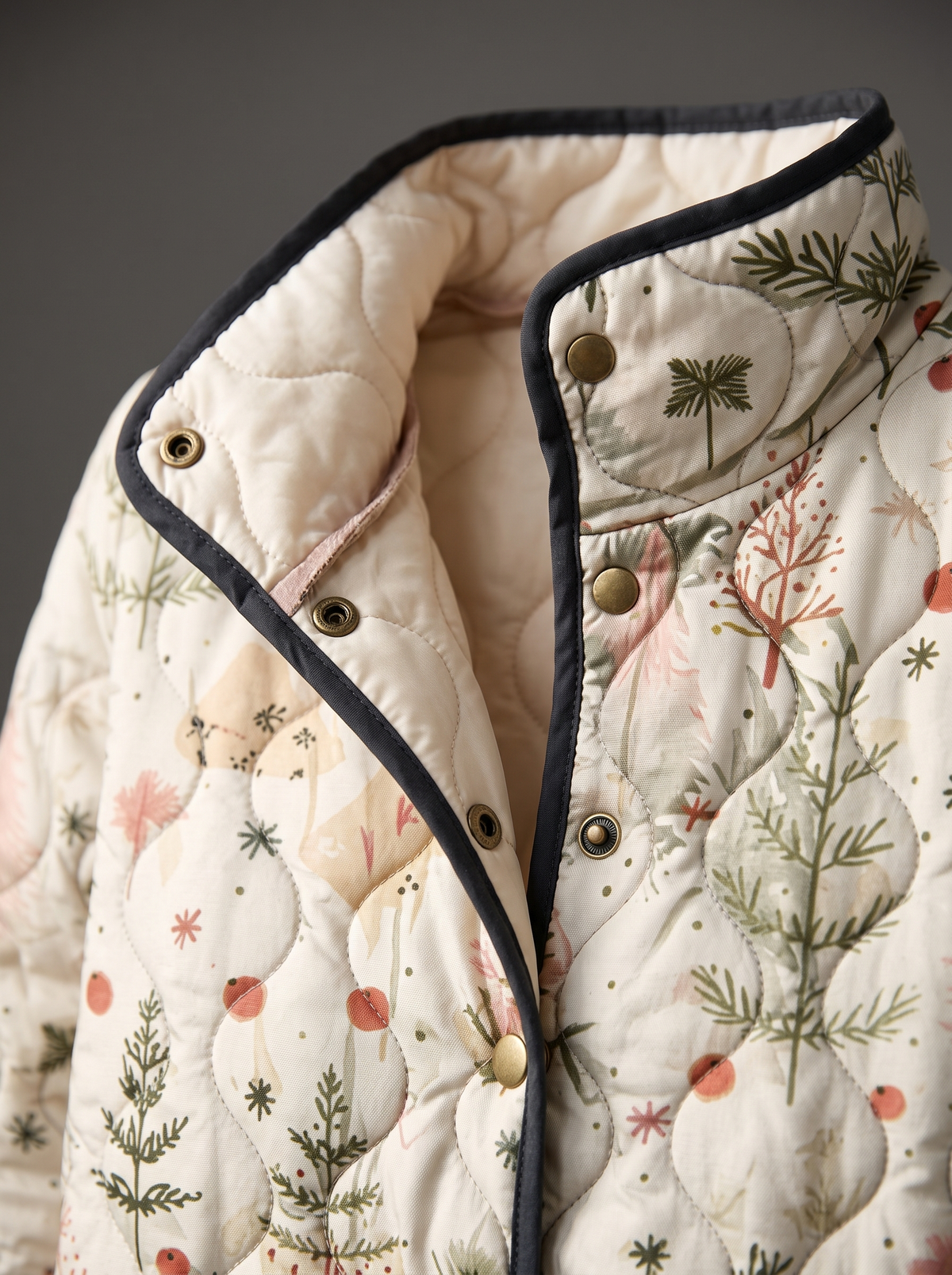Close view of the stand collar, brass snaps and cream quilted lining on the Celia jacket