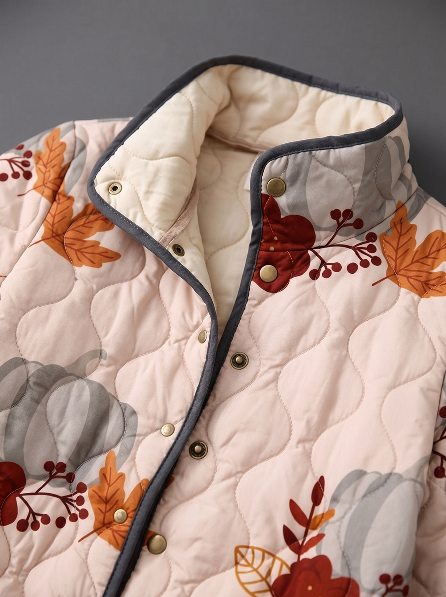 Close view of the stand collar, brass snaps and cream quilted lining on the Nell jacket