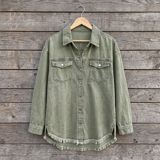 Dottie raw hem denim jacket in olive green, shown on a wooden hanger against a weathered wood plank wall