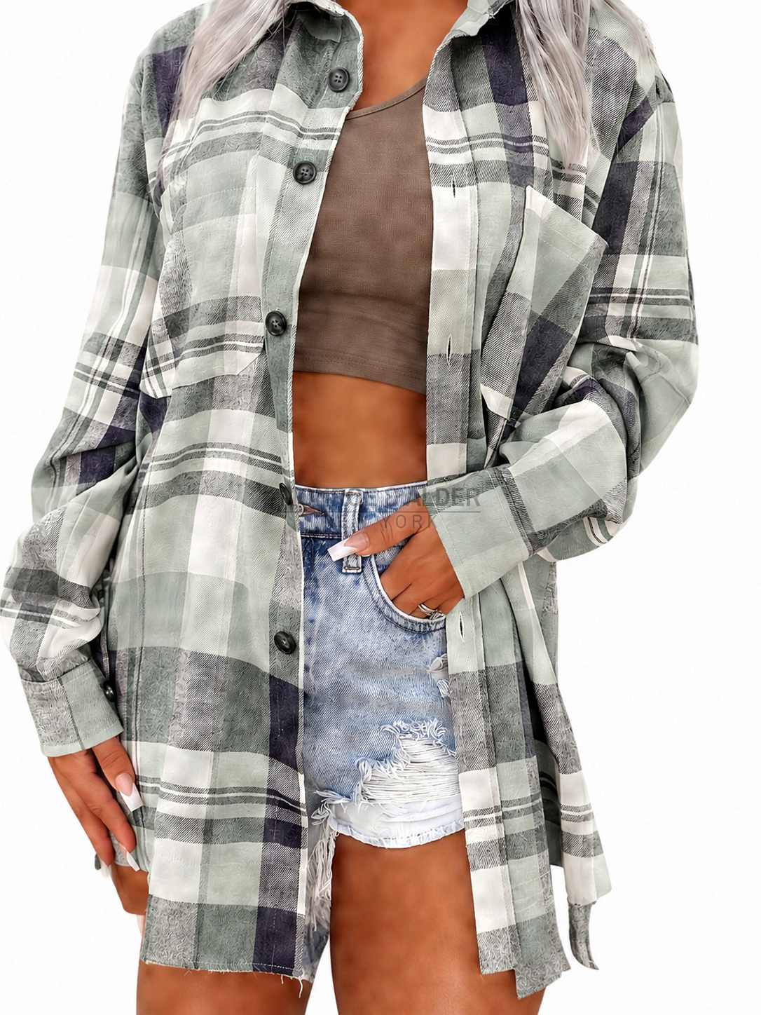 Janet plaid shirt in Sage Green, front view