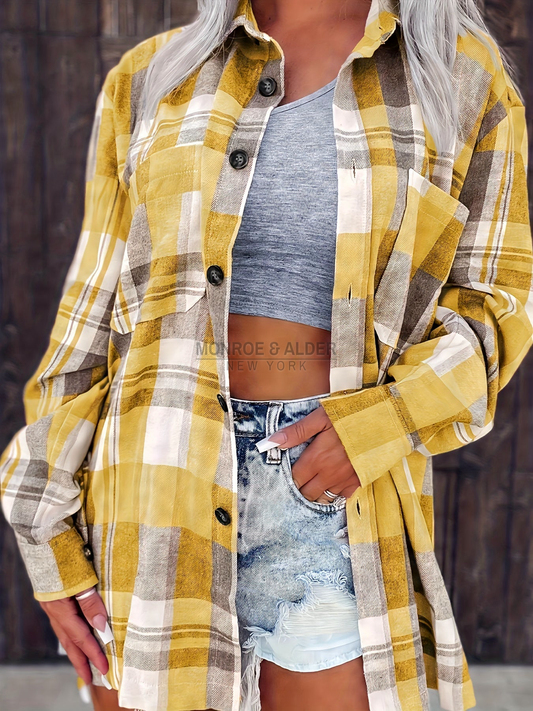 Janet plaid shirt in Yellow, worn open over a crop top