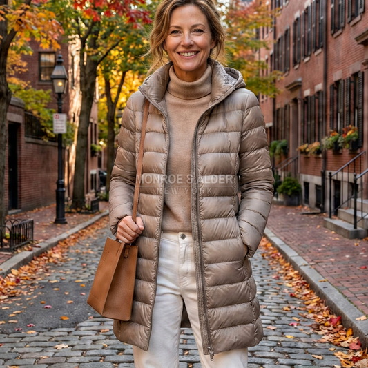 Woman wearing the Pauline puffer coat in taupe on an autumn street