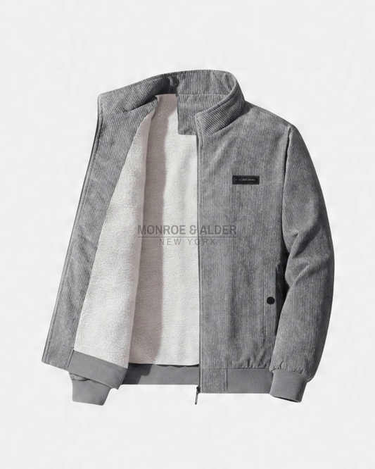 Russell fleece-lined corduroy jacket in Gray, open to show the lining