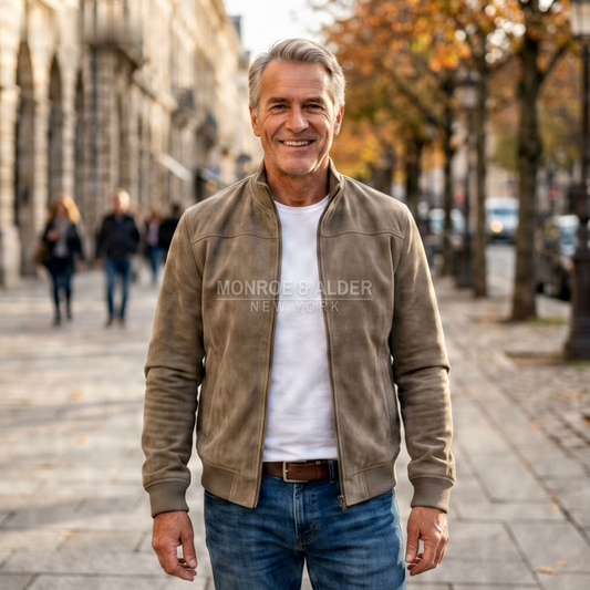 Man wearing the Walter jacket in tan on a city street