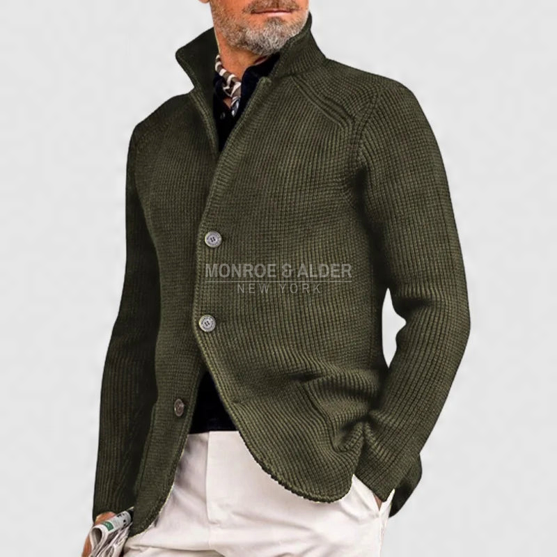 Whitman knit cardigan in olive green with stand collar and button front