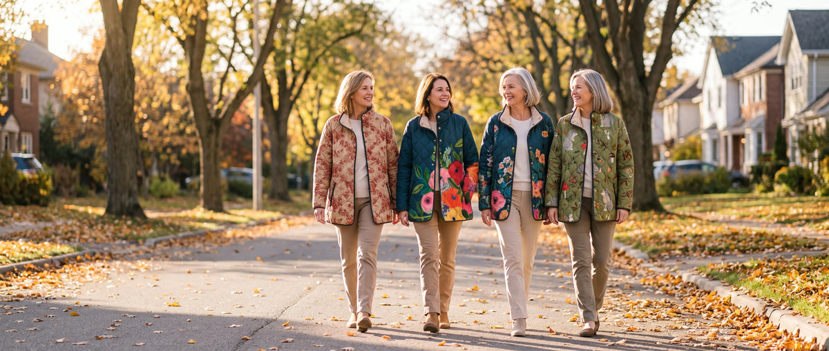 Four women walking a tree-lined street in autumn, wearing quilted jackets in floral, painted and woodland prints