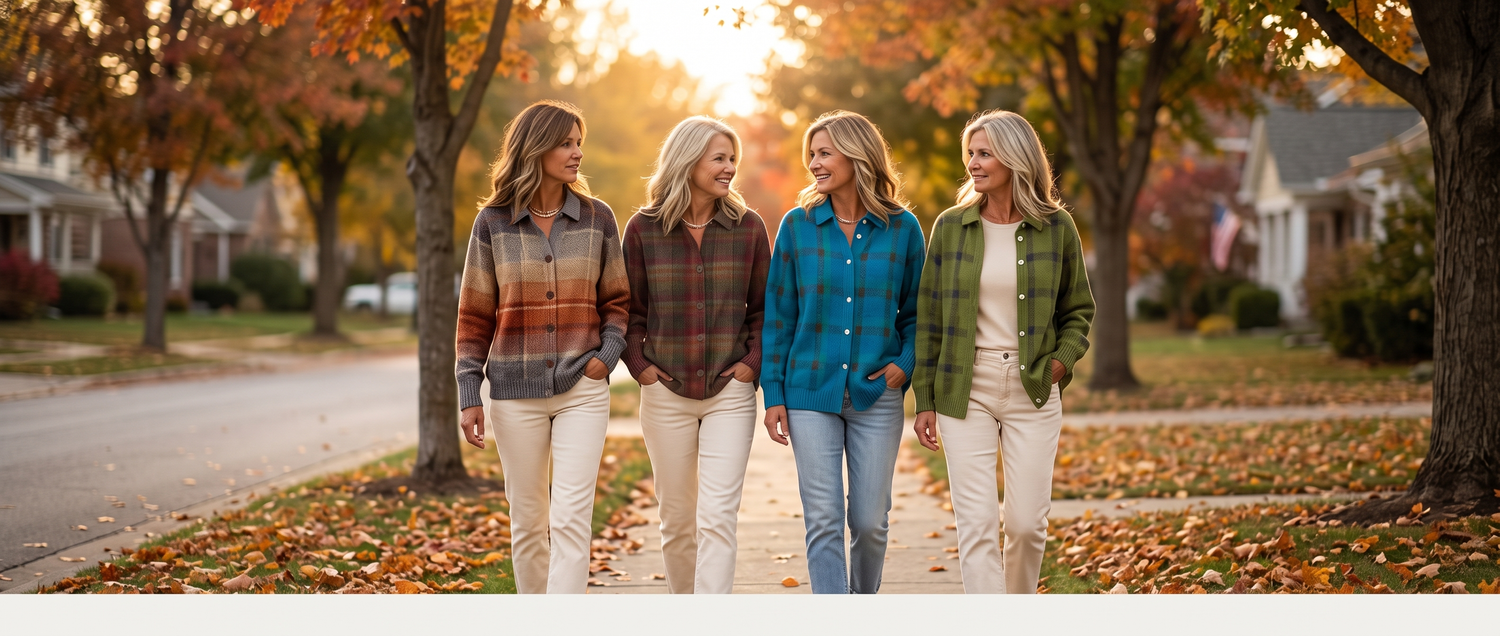 Four women walking side by side down a tree-lined street in autumn, each wearing a plaid cardigan in rust ombre, burgundy, teal blue and olive green