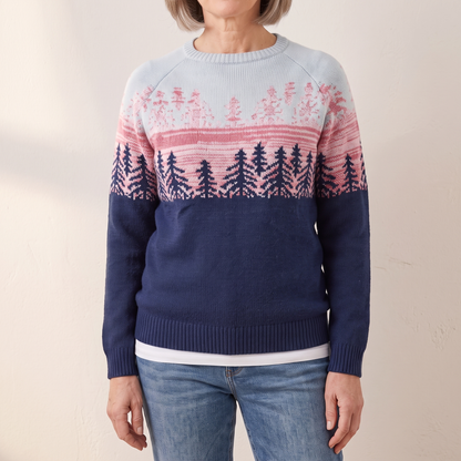 Meredith fair isle forest sweater, close view of the knitted pine tree band