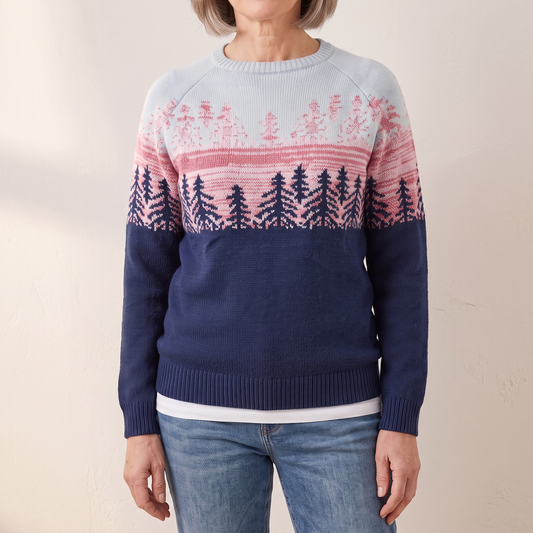 Meredith fair isle forest sweater, close view of the knitted pine tree band