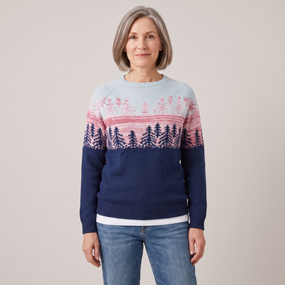 Meredith fair isle forest sweater, front view worn with jeans