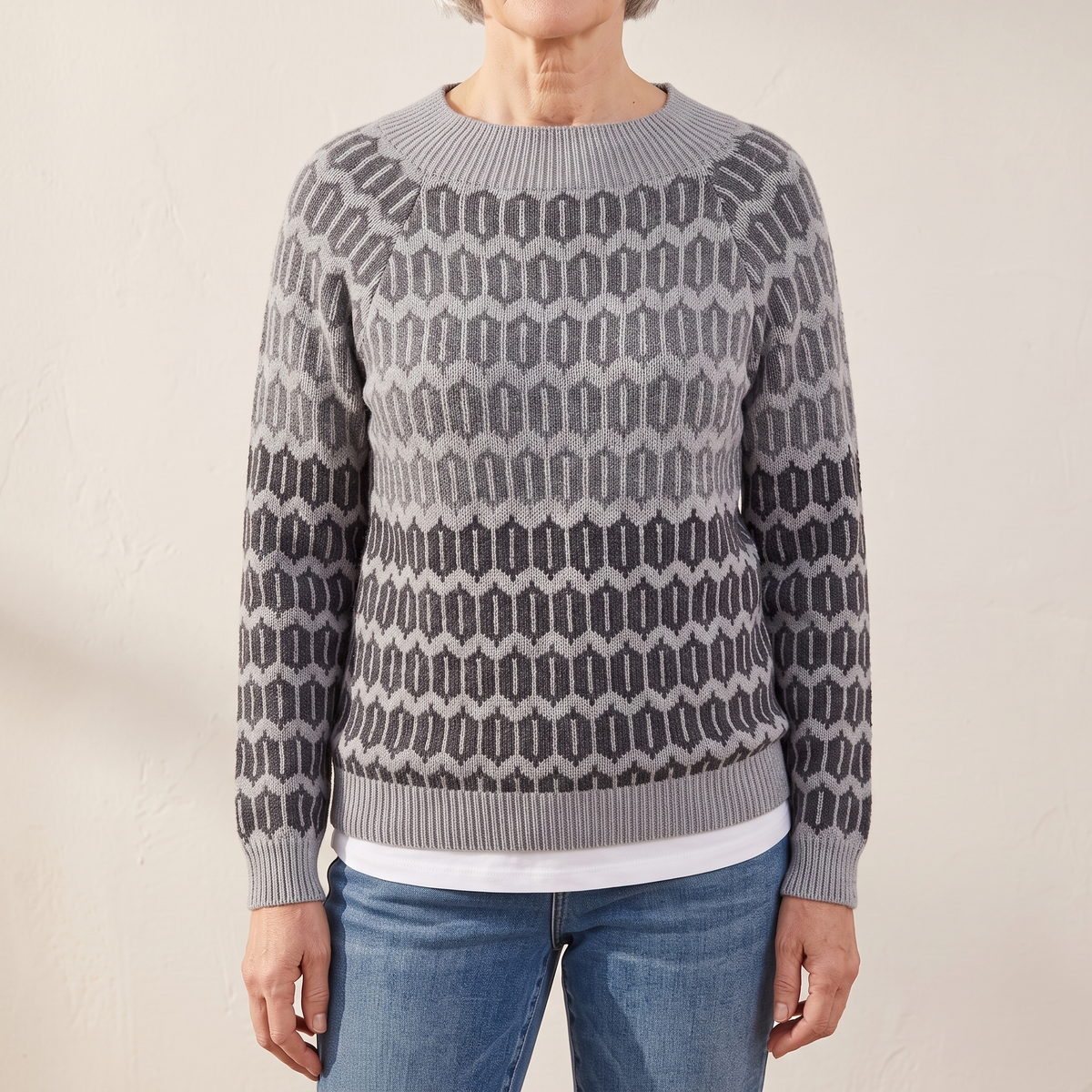 Rosalind icelandic knit sweater, close view of the all-over oval pattern