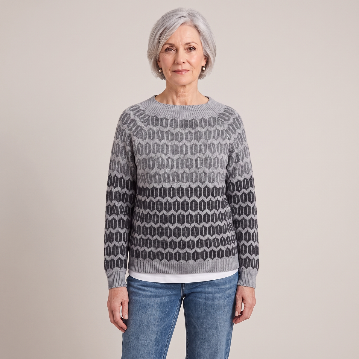 Rosalind icelandic knit sweater, front view worn with jeans