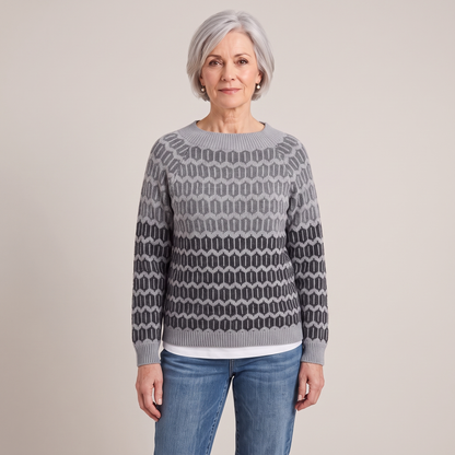 Rosalind icelandic knit sweater, front view worn with jeans