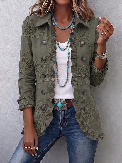 Darlene jacket in Olive Green, front view with tonal floral embroidery