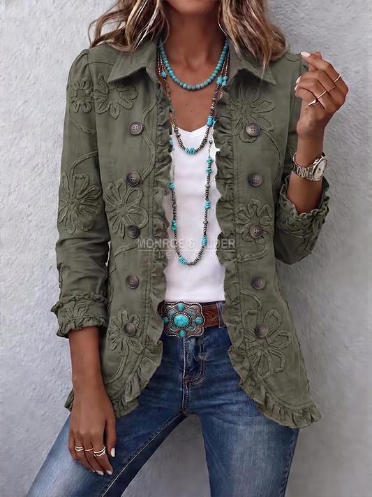 Darlene jacket in Olive Green, front view with tonal floral embroidery