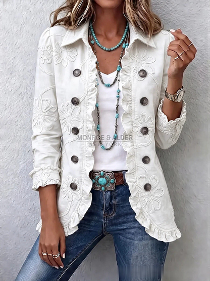 Darlene jacket in Ivory, front view with tonal floral embroidery