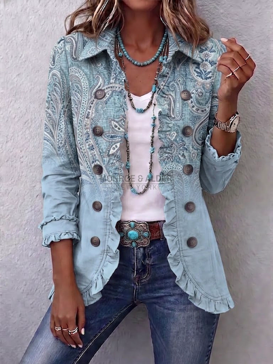 Colleen jacket in Light Blue, front view with vintage paisley print