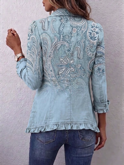 Colleen jacket in Light Blue, back view showing the paisley print and ruffled hem