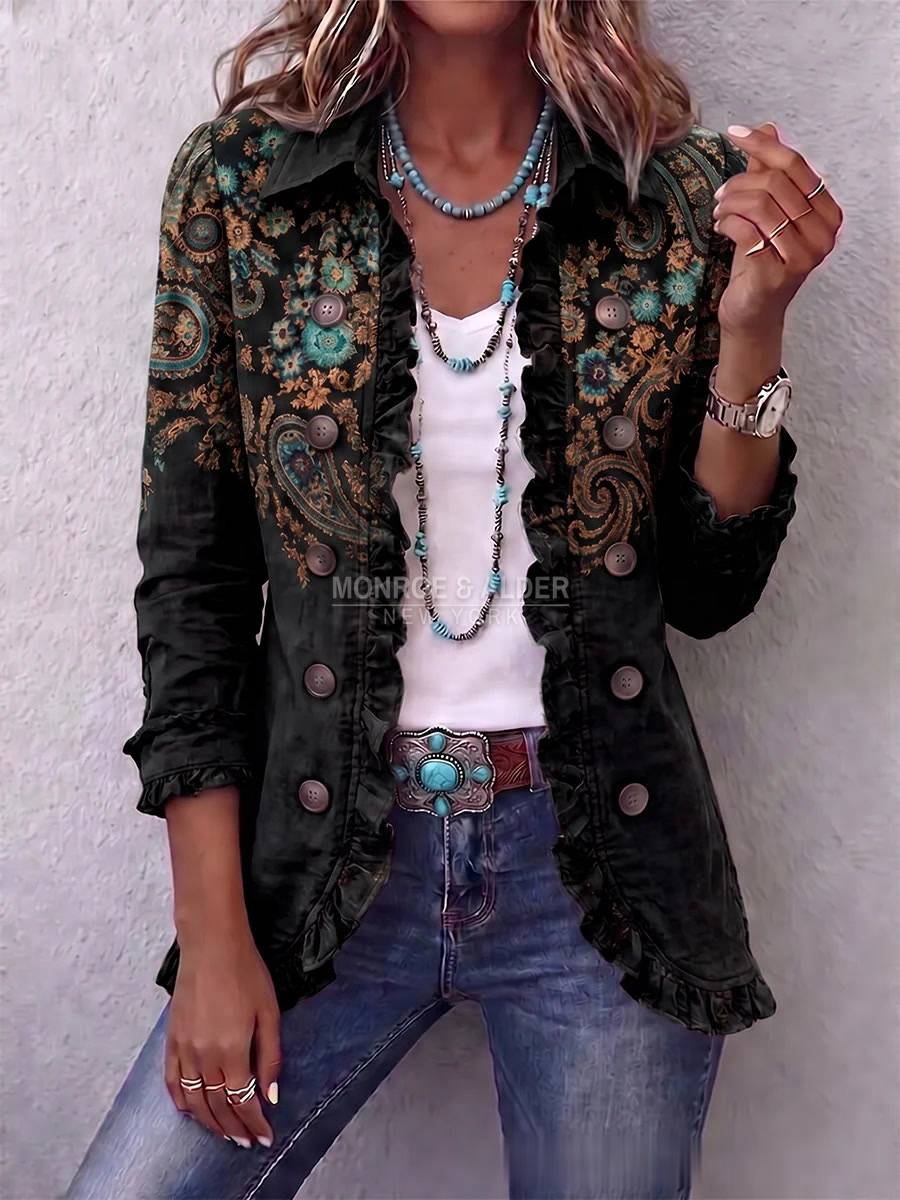 Colleen jacket in Black, front view with vintage paisley print