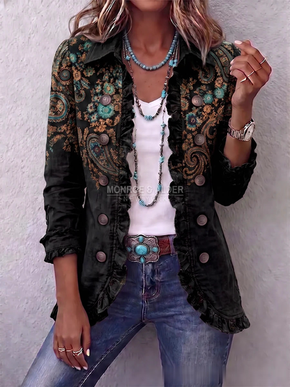 Colleen jacket in Black, front view with vintage paisley print
