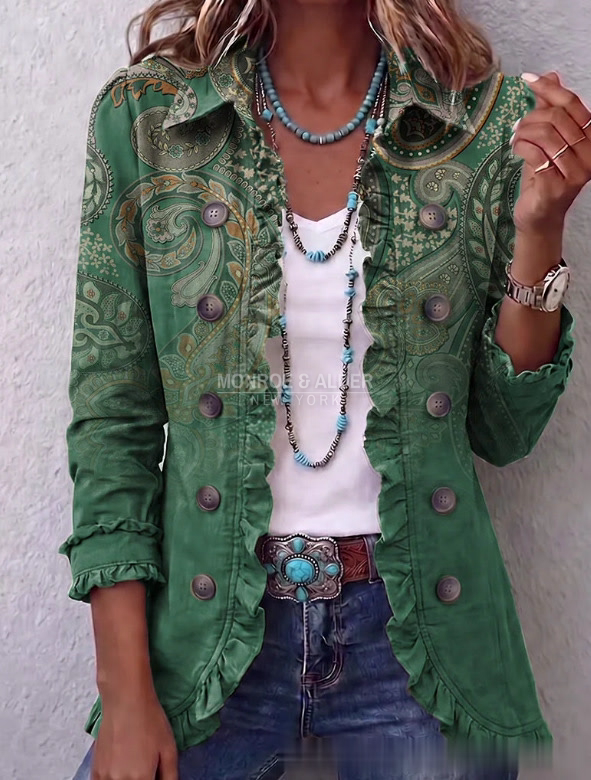 Colleen jacket in Green, front view with vintage paisley print