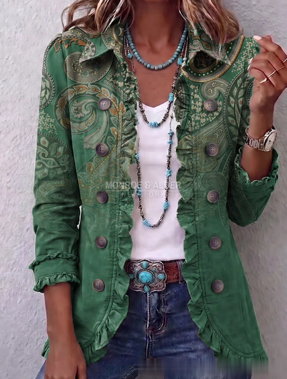 Colleen jacket in Green, front view with vintage paisley print