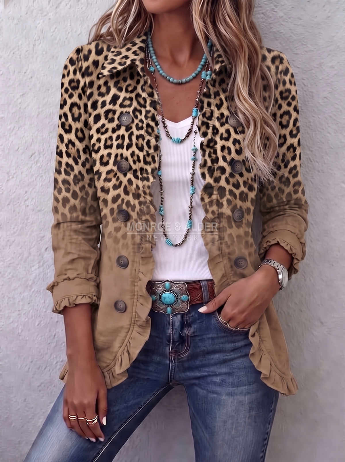 Vonda jacket in Tan Leopard, worn with a hand in the jeans pocket, showing the ruffled placket and hem