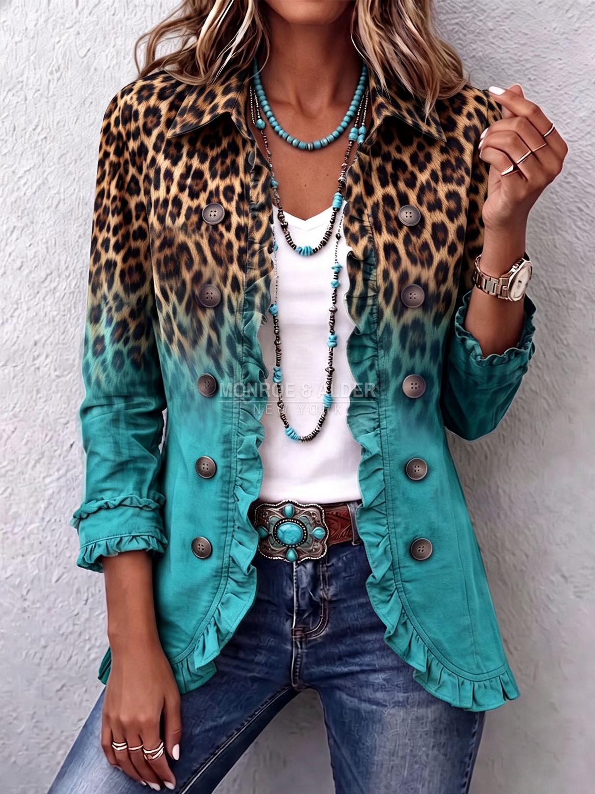 Deanna blazer in Turquoise, front view with leopard ombre print