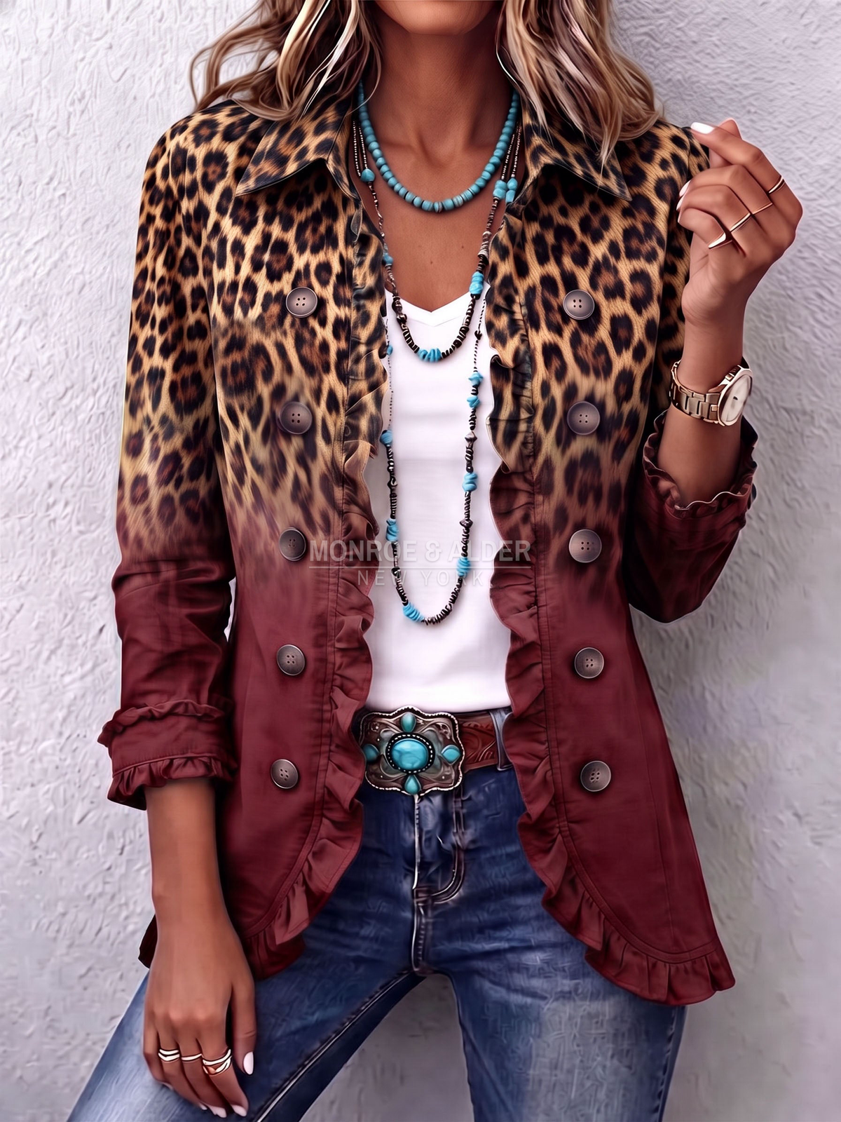 Deanna blazer in Burgundy, front view with leopard ombre print