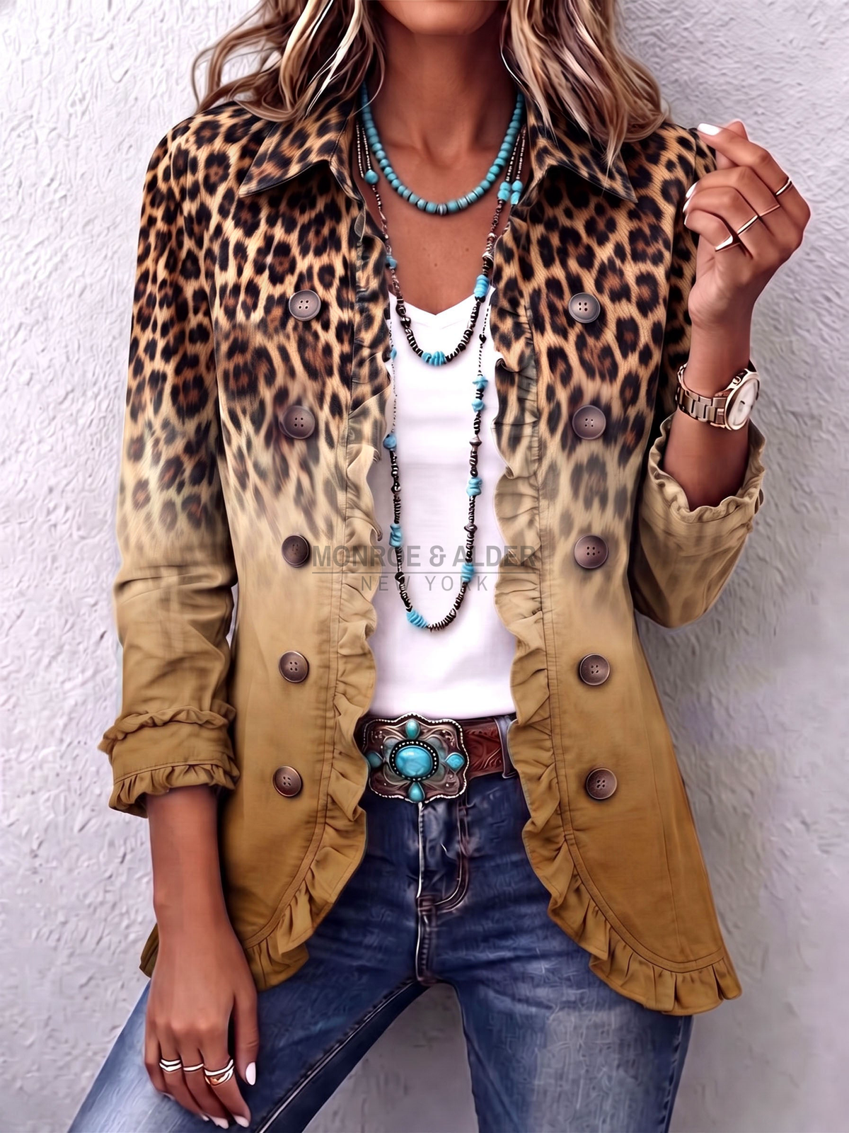 Deanna blazer in Ochre, front view with leopard ombre print