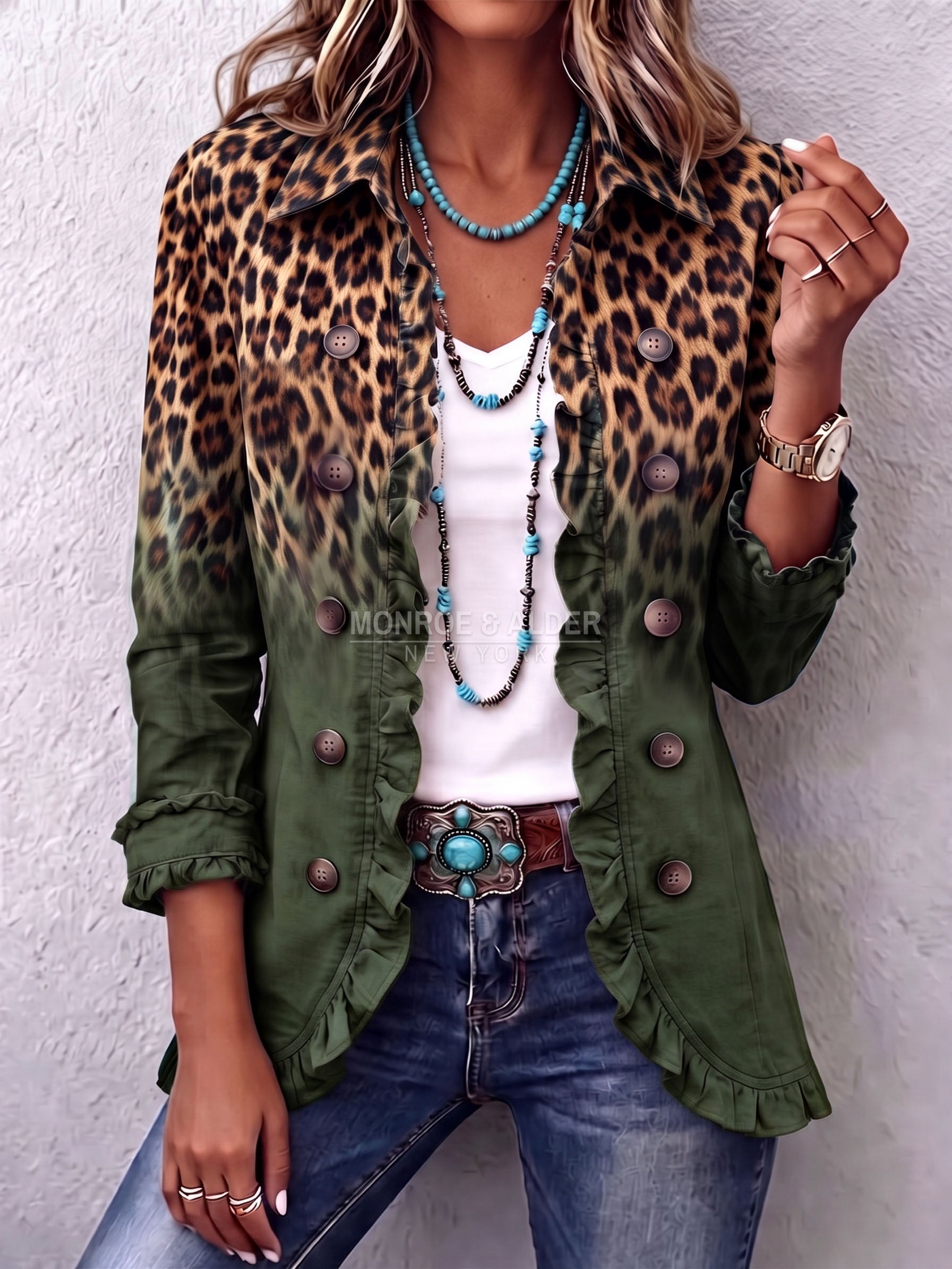 Deanna blazer in Olive Green, front view with leopard ombre print