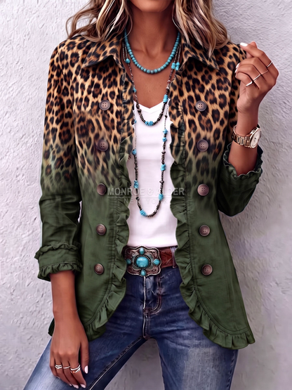 Deanna blazer in Olive Green, front view with leopard ombre print