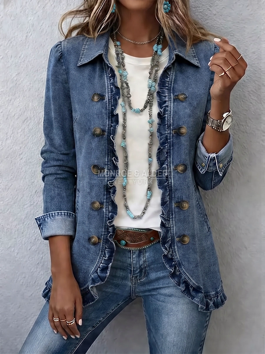 Kathleen ruffled denim jacket in Medium Blue, front view